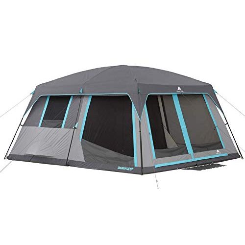  Pop Ozark Trail 14 x 12 Half Dark Rest Cabin Tent, Sleeps 12 bundle with Ozark Trail Quad Folding Table with Cup Holders, Gray