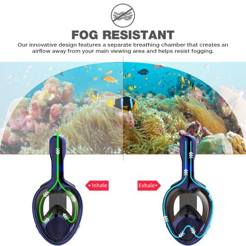  Poppin Kicks Full Face Snorkel Mask for Adult Youth and Kids | 180° Panoramic View Anti-Fog Anti-Leak Easy Breathe GoPro Compatible w/Detachable Camera Mount