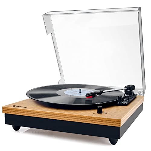  Record Player, Popsky Vintage Turntable 3-Speed Bluetooth Record Player with Speaker, Portable LP Vinyl Player, RCA Jack, Natural Wood