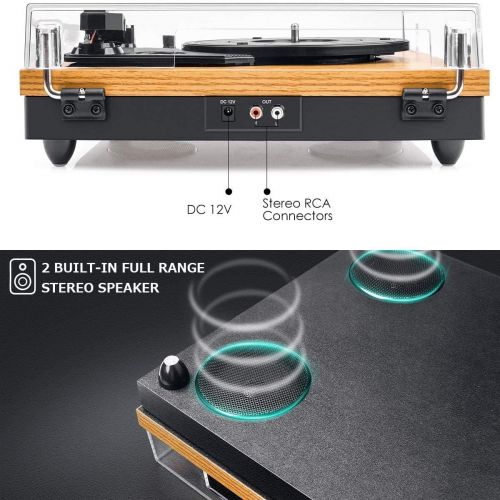  Record Player, Popsky Vintage Turntable 3-Speed Bluetooth Record Player with Speaker, Portable LP Vinyl Player, RCA Jack, Natural Wood