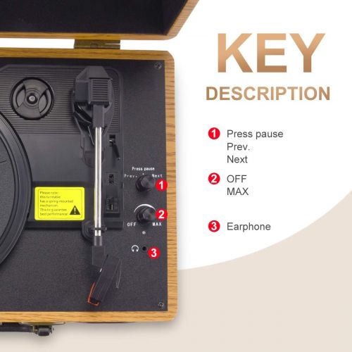  Popsky Record Player, 3-Speed Vintage Style Turntable, Bluetooth Record Player with Built-in Stereo Speakers, Portable Suitcase LP Vinyl Player, Headphone & USB & RCA Jack