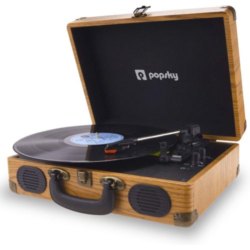  Popsky Record Player, 3-Speed Vintage Style Turntable, Bluetooth Record Player with Built-in Stereo Speakers, Portable Suitcase LP Vinyl Player, Headphone & USB & RCA Jack