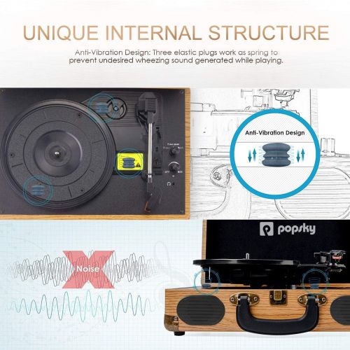  Popsky Record Player, 3-Speed Vintage Style Turntable, Bluetooth Record Player with Built-in Stereo Speakers, Portable Suitcase LP Vinyl Player, Headphone & USB & RCA Jack