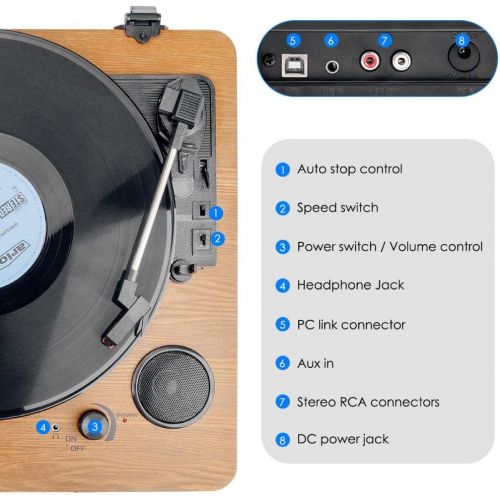  Record Player, Popsky 3-Speed Turntable Bluetooth Vinyl Record Player with Speaker, Portable LP Vinyl Player, Vinyl-to-MP3 Recording, 3.5mm AUX & RCA & Headphone Jack