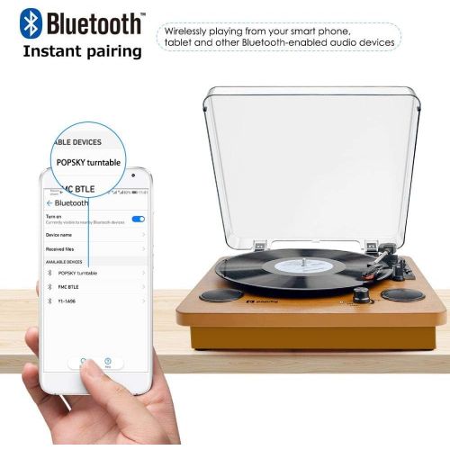  Record Player, Popsky 3-Speed Turntable Bluetooth Vinyl Record Player with Speaker, Portable LP Vinyl Player, Vinyl-to-MP3 Recording, 3.5mm AUX & RCA & Headphone Jack