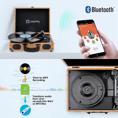  Popsky Record Player, Vintage Turntable 3-Speed Bluetooth Record Player Suitcase with Speaker, Portable LP Vinyl Player, Rechargable Battery, Vinyl to MP3 Recording, AUX USB RCA He
