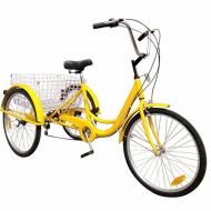 Popsport 24 Inch Adult Tricycle 6/7 Speed 3 Wheel Trike Cruise Bike Cruise Cargo Bike with Large Basket for Riding (Yellow 6 Speed)