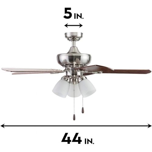  Portage Bay 51443 Ceiling 44 Miller Park White Indoor Fan Frosted 3 Light LED Multi Arm E26/A15 Bulb and Pull-Chains, Traditional Style, 5 Reversible Gray Oak/Walnut Blades, 514, B