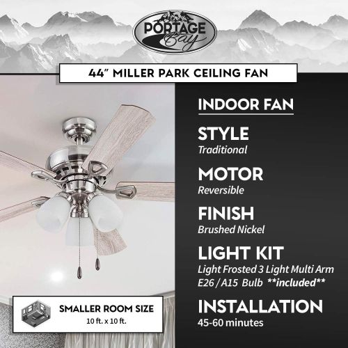  Portage Bay 51443 Ceiling 44 Miller Park White Indoor Fan Frosted 3 Light LED Multi Arm E26/A15 Bulb and Pull-Chains, Traditional Style, 5 Reversible Gray Oak/Walnut Blades, 514, B