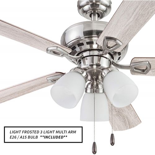  Portage Bay 51443 Ceiling 44 Miller Park White Indoor Fan Frosted 3 Light LED Multi Arm E26/A15 Bulb and Pull-Chains, Traditional Style, 5 Reversible Gray Oak/Walnut Blades, 514, B