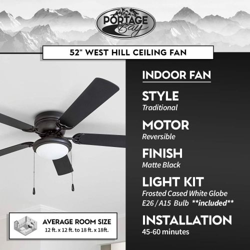  Portage Bay 50251 Hugger 52 Matte Black West Hill Ceiling Fan with Bowl Light Kit