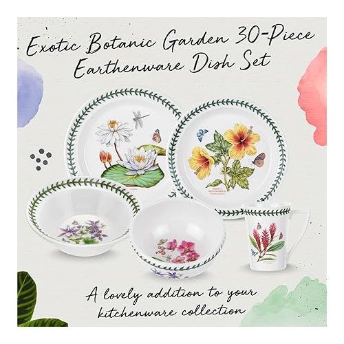  Portmeirion Botanic Garden 30 Piece Earthenware Dish Set, Dinnerware Set for 6, Includes Dinner Plates, Side Plates, Mugs, Soup Bowls, & Cereal Bowls