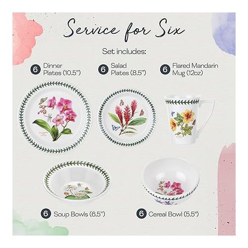  Portmeirion Botanic Garden 30 Piece Earthenware Dish Set, Dinnerware Set for 6, Includes Dinner Plates, Side Plates, Mugs, Soup Bowls, & Cereal Bowls