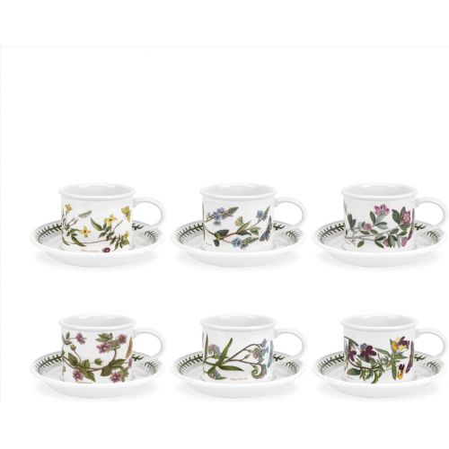  Portmeirion Botanic Garden Drum Shaped Tea Cup and Saucer, Set of 6 Assorted Motifs