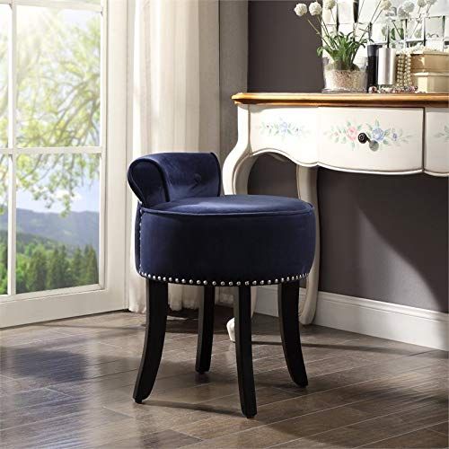  Posh Living Alena Navy Velvet Vanity Stool - Nailhead Trim - Button Tufted