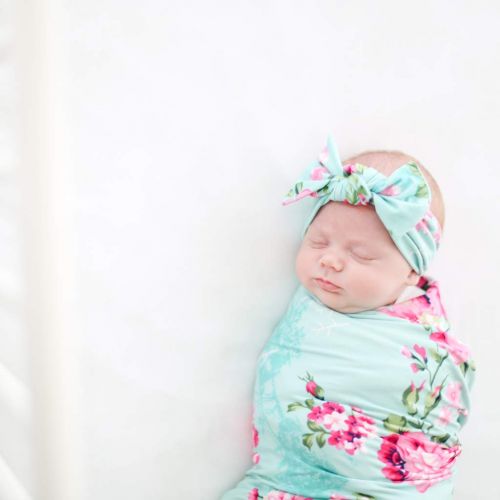  Posh Peanut Baby Swaddle Blanket - Large Premium Knit Baby Swaddling Receiving Blanket and Headband Set, Baby Shower Newborn Gift (Aqua Floral)