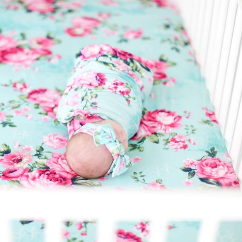  Posh Peanut Baby Swaddle Blanket - Large Premium Knit Baby Swaddling Receiving Blanket and Headband Set, Baby Shower Newborn Gift (Aqua Floral)