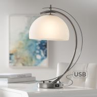 Possini Euro Design Modern Desk Table Lamp with USB Charging Port Brushed Steel Curved Frosted Glass Dome Shade for Bedroom Office