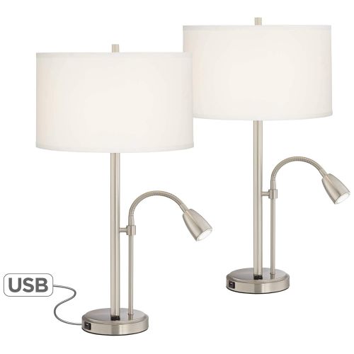  Traverse Modern Table Lamps Set of 2 with USB Charging Port LED Gooseneck Brushed Nickel White Drum Shade for Living Room Bedroom Bedside Nightstand Office - Possini Euro Design