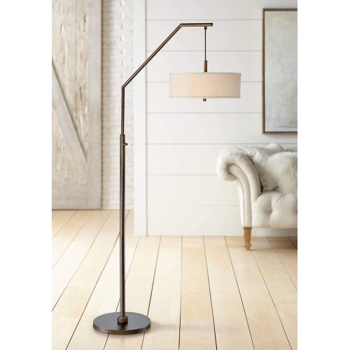  Kellan Modern Arc Floor Lamp Oil Rubbed Bronze Fabric Drum Shade White Acrylic Diffuser Living Room Reading Bedroom Office - Possini Euro Design