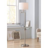 Skylar Modern Floor Lamp with Table and Hotel Style USB Charging Port Swing Arm Brushed Nickel Fabric Drum Shade for Living Room - Possini Euro Design