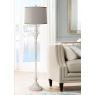Vintage Chic Floor Lamp Antique White Platinum Gray Silk Drum Shade for Living Room Office - Possini Euro Design