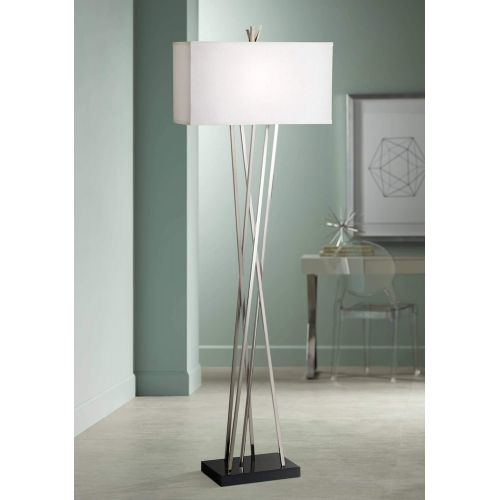  Modern Floor Lamp Brushed Steel Asymmetry White Linen Rectangular Shade for Living Room Reading Bedroom Office - Possini Euro Design