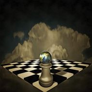 Posterazzi PSTRFF200913SLARGE Surreal Composition. Chessboard and Figure with Planet Earth hovers in The Sky Photo Print, 24 x 36, Multi
