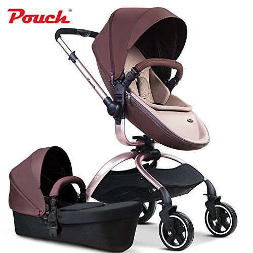  Pouch 2 in 1 fold Baby Stroller Set, Aluminium Alloy Frame Baby Pushchair, Rubber Wheel Baby Pram (Coffee)