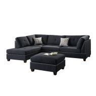 Poundex F6974 Bobkona Viola Linen-Like Polyfabric Left or Right Hand Chaise Sectional Set with Ottoman (Pack of 3), Black