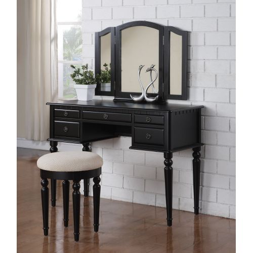  Poundex 3 Pc Makeup Vanity Set Table with 5 Drawers, Stool and Mirror in Black Finish