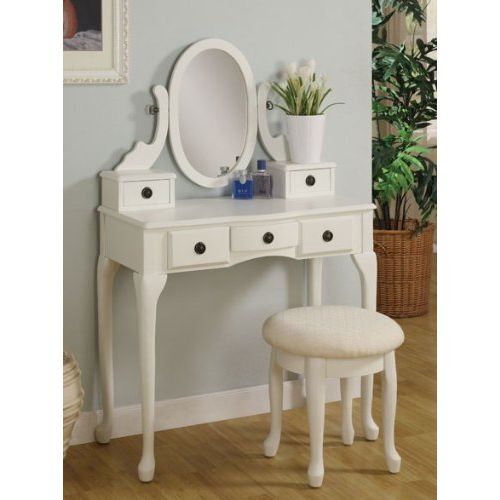  Poundex 2pc Vanity Set with Stool in Off White Finish