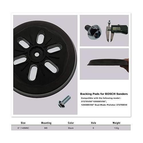  3727devs Replacement Pad for Compatible with Bosch Sander 3727DVS 3727DEVS 1250DEVS ROS65VC,6 inch Hook and Loop Sanding Backing Pad Pack of 2