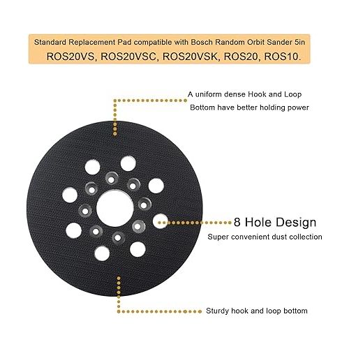  5”ROS20vs Replacement Sanding Pad Compatible with Bosch RS035, 8 Hole Hard Hook-&-Loop Sander Backing Pad Fits ROS10 ROS20VS ROS20VSC ROS20 Pack of 2 (2)