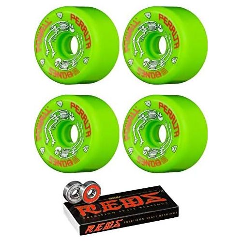  Powell Peralta 64mm G Bones Green Skateboard Wheels - 97a with Bones Bearings - 8mm Bones Reds Precision Skate Rated Skateboard Bearings (8) Pack - Bundle of 2 Items