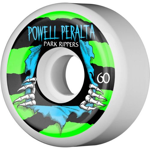  Powell-Peralta 60mm Park Ripper II White/Green/Blue Skateboard Wheels - 97a with Bones Bearings - 8mm Bones Reds Precision Skate Rated Skateboard Bearings (8) Pack - Bundle of 2 It