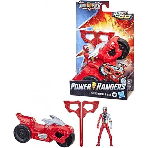  Power Rangers Dino Fury Rip N Go T-Rex Battle Rider and Dino Fury Red Ranger 6-Inch-Scale Vehicle and Action Figure, Toys Kids 4 and Up