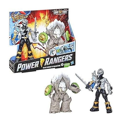  Power Rangers Dino Fury Battle Attackers 2-Pack Black Ranger vs. Smashstone Kicking Action Figure Toys, TV Inspired Accessory Ages 4 and Up