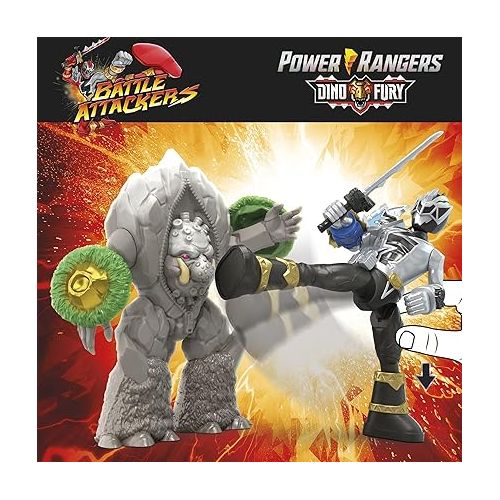  Power Rangers Dino Fury Battle Attackers 2-Pack Black Ranger vs. Smashstone Kicking Action Figure Toys, TV Inspired Accessory Ages 4 and Up