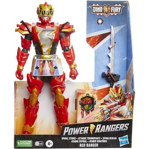  Power Rangers Dino Fury Spiral Strike Red Ranger, 12-inch Action Figures, Electronic Spinning and Light FX, Toys for 4 Year Old Boys and Girls and Up