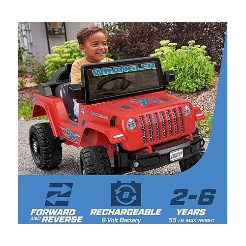  ?Power Wheels Jeep Wrangler Toddler Ride-On Toy with Driving Sounds, Multi-Terrain Traction, Seats 1, Red, Ages 2+ Years