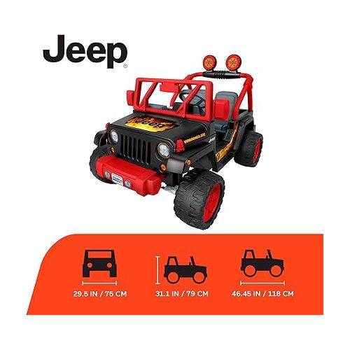  Power Wheels Tough Talking Jeep Wrangler Ride-On Toy with Sounds & Microphone, Preschool Toy, Multi-Terrain Traction, Seats 2, Black & Red