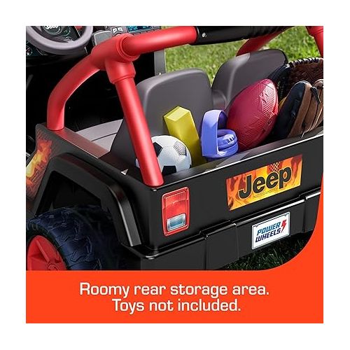  Power Wheels Tough Talking Jeep Wrangler Ride-On Toy with Sounds & Microphone, Preschool Toy, Multi-Terrain Traction, Seats 2, Black & Red