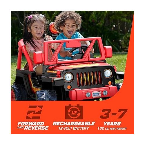  Power Wheels Tough Talking Jeep Wrangler Ride-On Toy with Sounds & Microphone, Preschool Toy, Multi-Terrain Traction, Seats 2, Black & Red