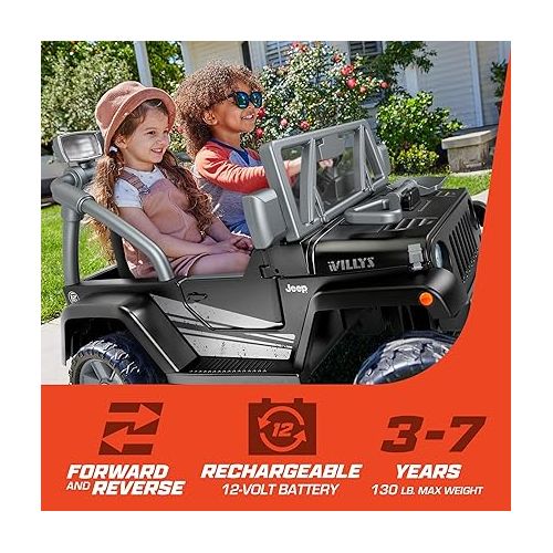  Power Wheels Jeep Wrangler Willys Ride-On Battery Powered Vehicle with Sounds & Lights for Preschool Kids Ages 3+ Years, Black