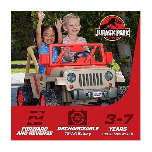  Power Wheels Jurassic Park Jeep Wrangler Ride-On Battery Powered Vehicle with Dinosaur Sounds & Lights for Preschool Kids Ages 3+ Years