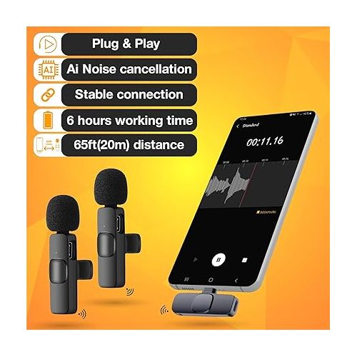  PowerDeWise Wireless Lavalier Microphone for Android Phones USB Type C,iPhone 15 Pro Max iPad MacBook, Noise Cancelling Plug&Play Mini Mic Lapel Microphone Clip On Wireless Mic for Android 2 Pack