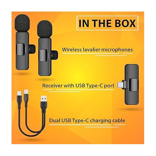  PowerDeWise Wireless Lavalier Microphone for Android Phones USB Type C,iPhone 15 Pro Max iPad MacBook, Noise Cancelling Plug&Play Mini Mic Lapel Microphone Clip On Wireless Mic for Android 2 Pack