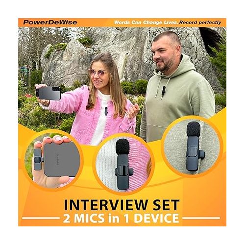  PowerDeWise Wireless Lavalier Microphone for Android Phones USB Type C,iPhone 15 Pro Max iPad MacBook, Noise Cancelling Plug&Play Mini Mic Lapel Microphone Clip On Wireless Mic for Android 2 Pack