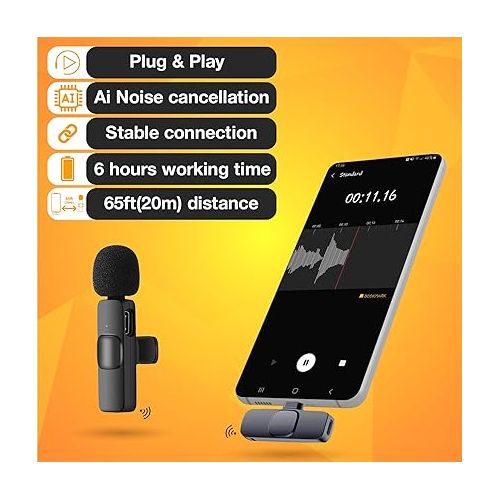  Wireless Lavalier Microphone for iPhone 15 Series, iPad, Android, USB-C Microphone, Mini Mic, Live Streaming, YouTube, Facebook, TikTok